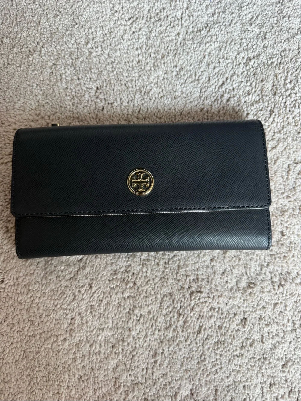 Tory Burch Black Leather Continental Wallet with Gold Logo